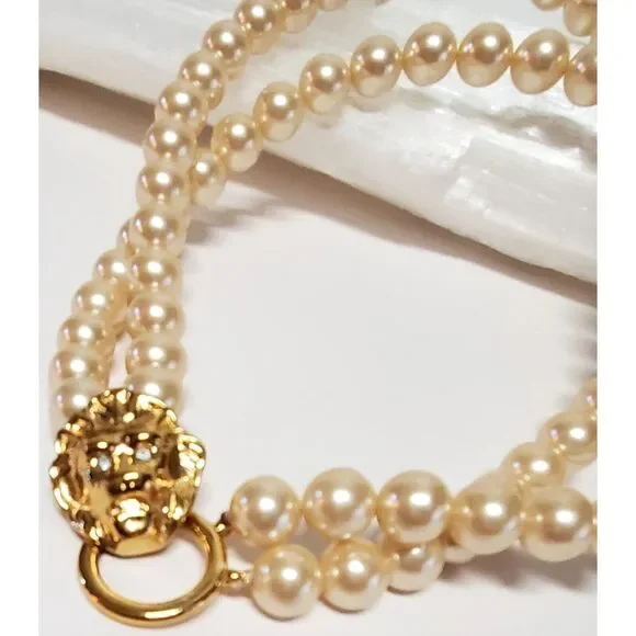 VTG KJL Avon Necklace Lion Head Clasp Faux Pearl 80's Kenneth J. Lane Signed - Picture 7 of 12